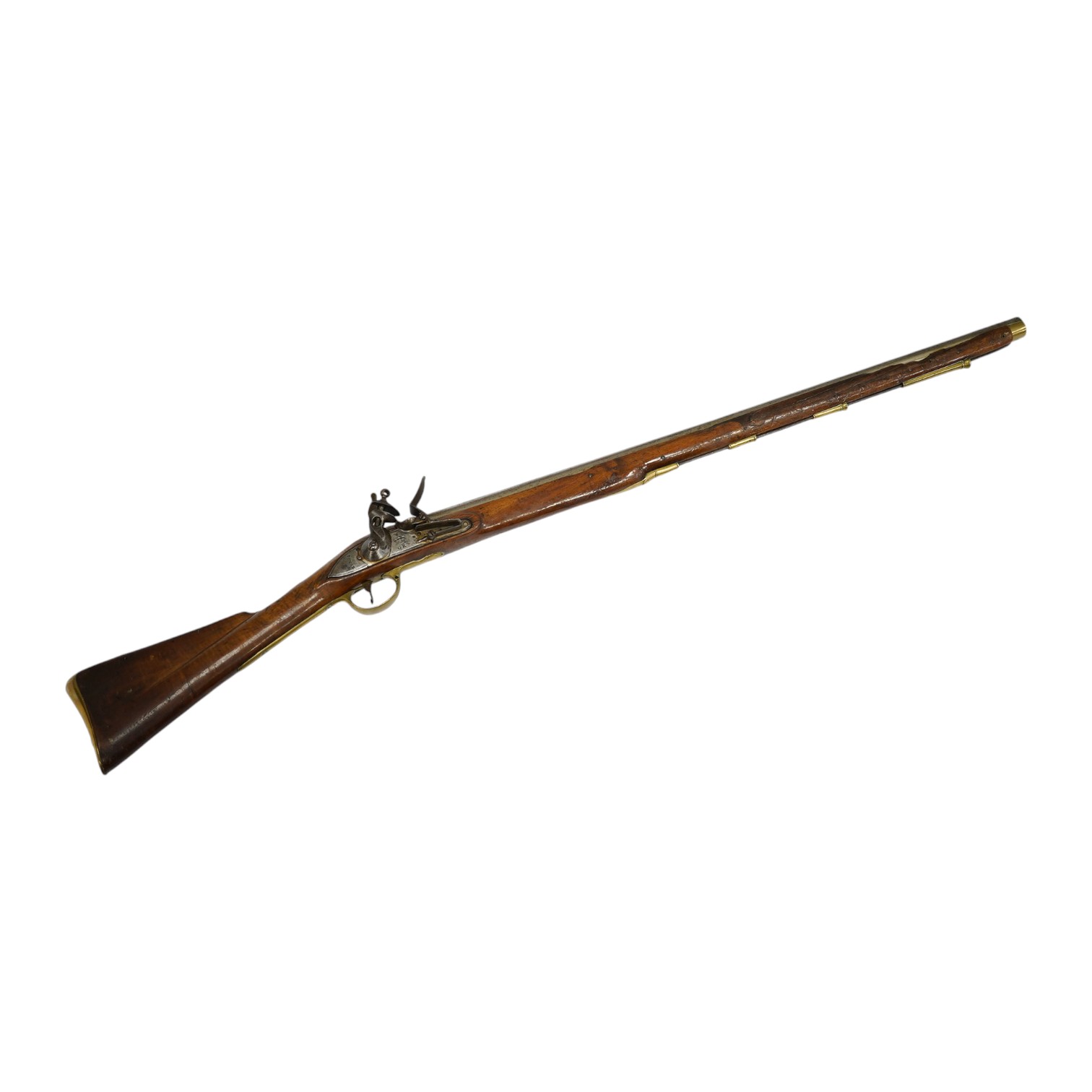 A ten bore flintlock musket of Brown Bess type, barrel 88cm, lock struck with crowned GR and Tower, regulation brass mounts. Condition - fair